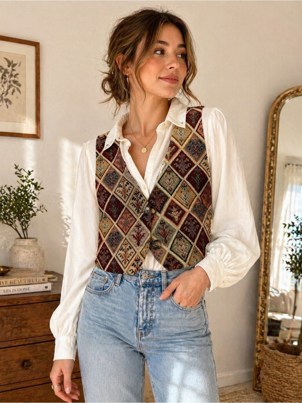 Cider Tapestry Vest Boho Floral Cropped Waistcoat Academia Size M